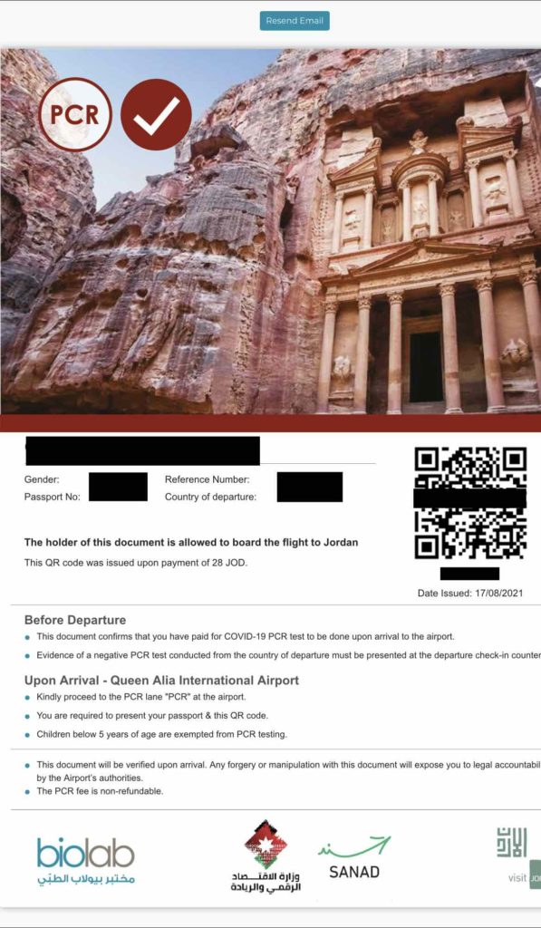 QR code for arrival to Jordan if PCR needed