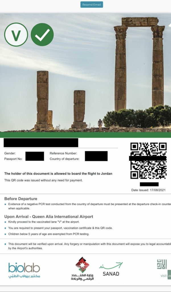 QR code for arriving to Jordan during COVID-19