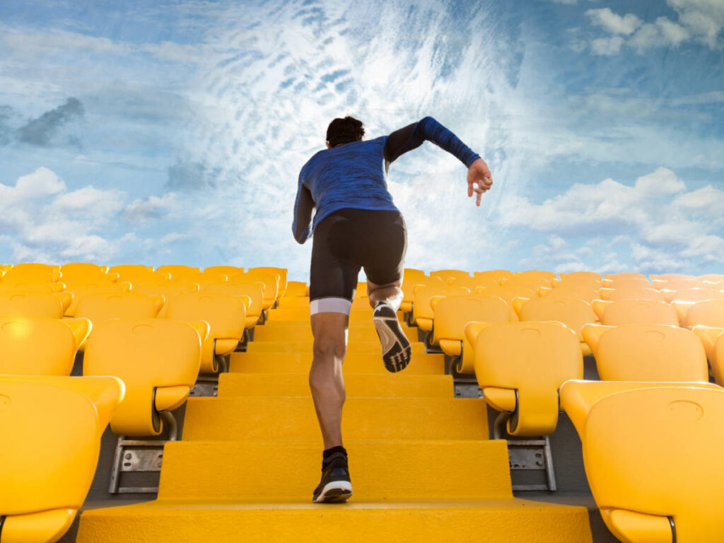a man running up stairs as a metaphor for the effort needed to learn spoken Levantine Arabic.